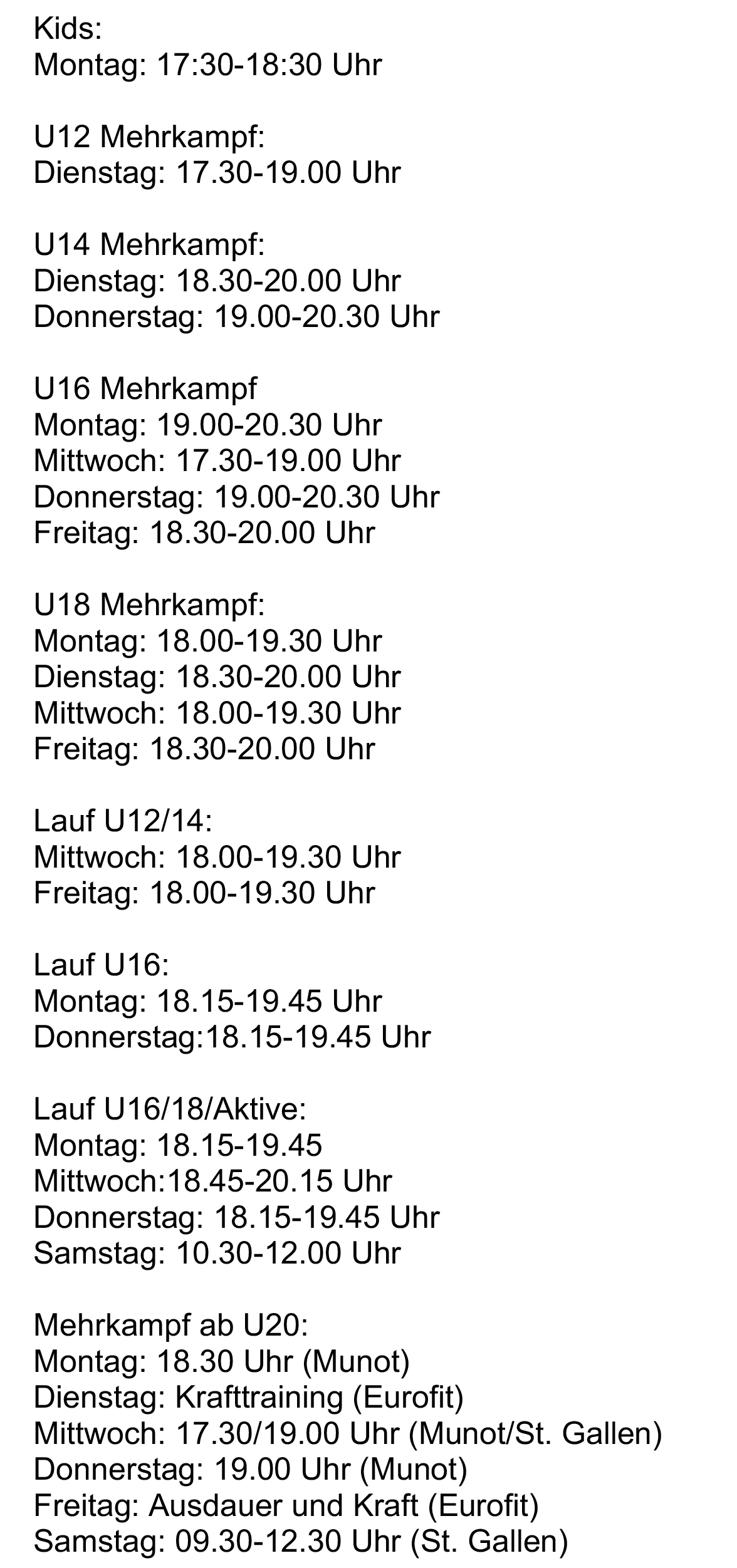 Aktuelle Trainingszeiten